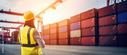 A man wearing a yellow vest and hard hat stands in front of numerous shipping containers at a bustling industrial site. He appears to be overseeing the loading or unloading process, possibly as a