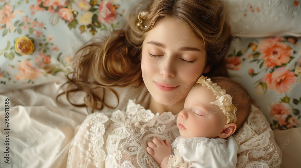 Serene moment of a mother cradling her sleeping baby in a tender embrace.