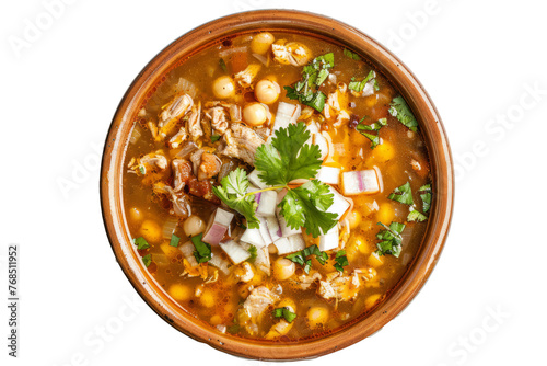 Mexican pozole soup with hominy, pork or chicken, chilies, onions, and spices in a flavorful and hearty broth, traditionally served during celebrations. photo