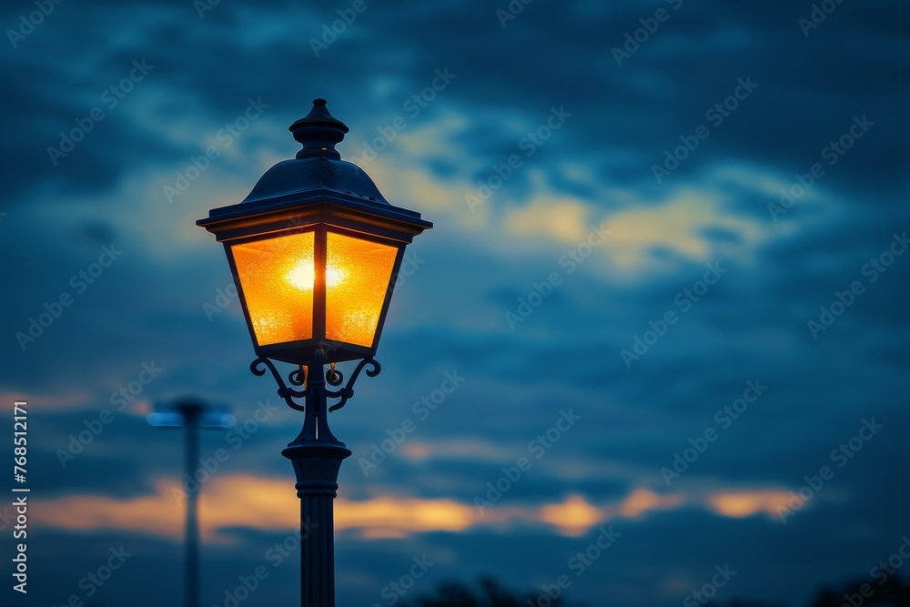 An old-style street lamp glows against the twilight sky An old-style street lamp glows against the twilight sky