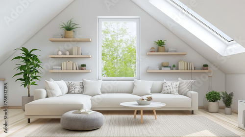 Corner sofa against shelving unit scandinavian home. Generative AI