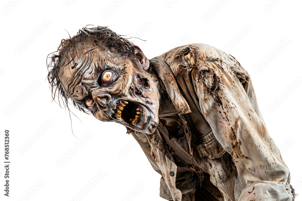 Obraz premium A decaying zombie with rotting flesh and tattered clothing, snarling against a stark white backdrop