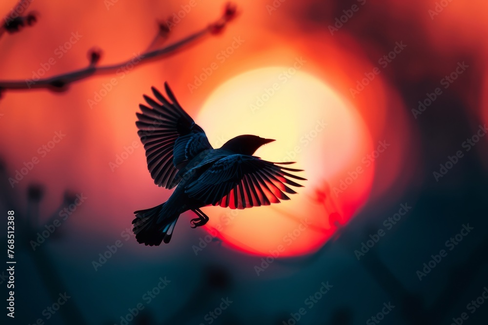 Fototapeta premium Silhouette of a bird flying across a warm, glowing sunset