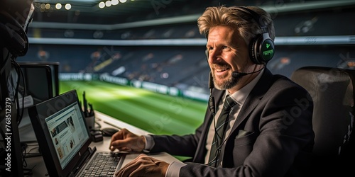 A football commentator delivers the play-by-play commentary for the exhilarating final match of the World Cup, capturing the intensity of the moment. photo