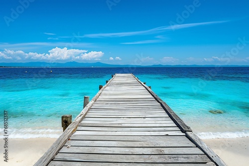 Wooden pier on tropical beach with turquoise water and blue sky © Picasso