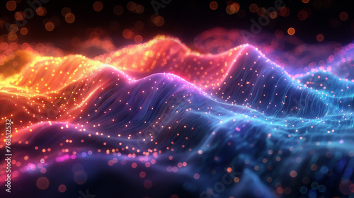 Abstract gradient hologram dynamic wave of particles. Digital technology background.