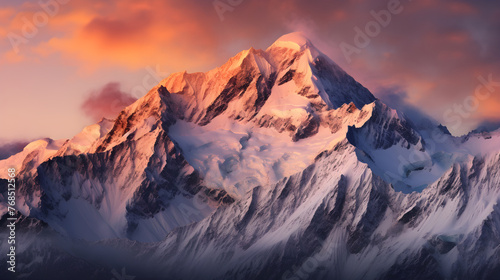 Serene Sunset over Snow-Covered Peaks: A Majestic Display of Nature's Splendor
