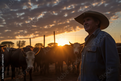 Smiling Elderly Farmer Wearing a Cowboy Hat with Herd of Cows at Sunset, Golden Hour on the Farm, Portrait of Agricultural Expertise and Contentment © AspctStyle