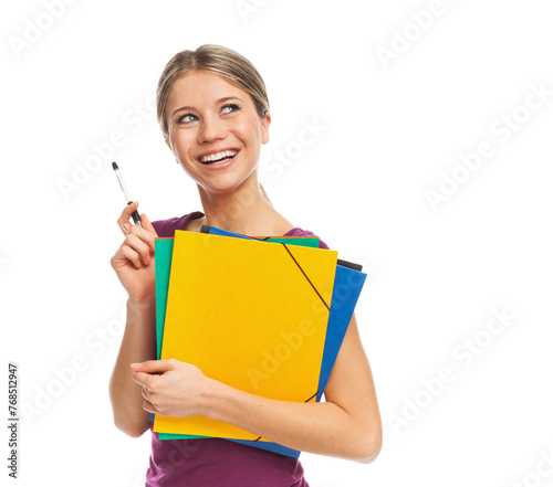 Cheerful student or working girl, happy, looking aside. PNG