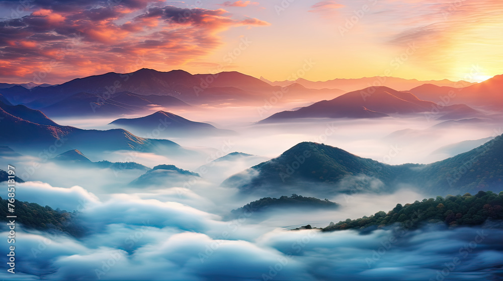 A mountain landscape with valleys filled with rolling, colorful fog at sunrise, blending natural beauty with a dreamlike quality  Ai Generative