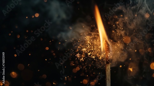 A close-up view of a single matchstick as it ignites, with vibrant sparkles and smoke against a dark backdrop.