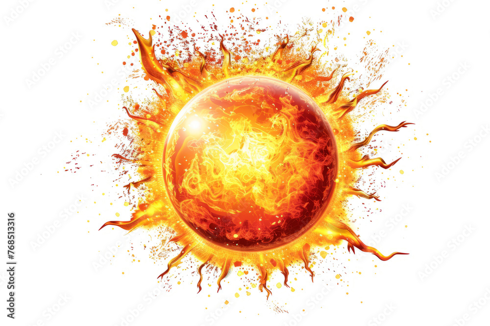 Realistic illustration of a solar flare erupting from the surface of the sun, with intense bursts of energy captured against a plain white backdrop. Realistic illustration of a solar flare erupting from the surface of the sun, with intense bursts of energy captured against a plain white backdrop.