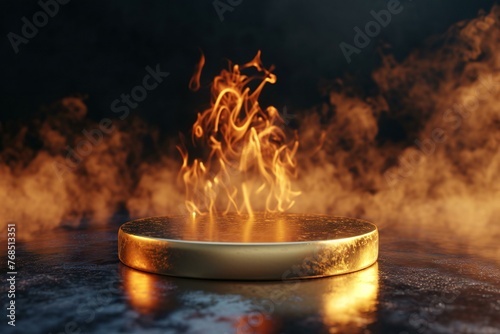 Gold podium with fire and smoke on dark background