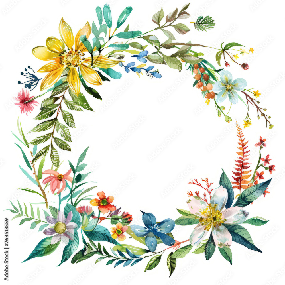 Vibrant watercolor wreath of wildflowers and greenery, adding a touch of nature Vibrant watercolor wreath of wildflowers and greenery, adding a touch of nature