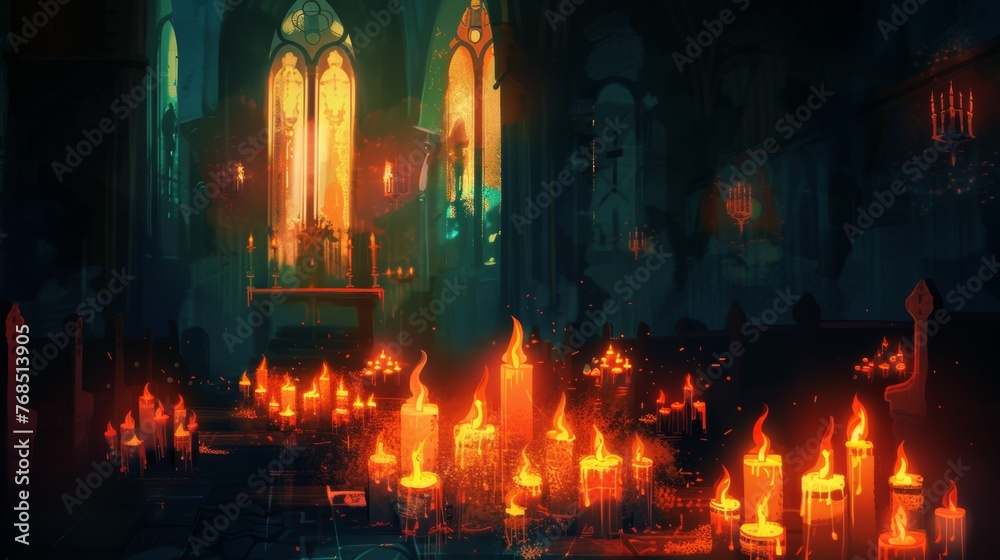 Illustration of flickering candle flames in a darkened church, symbolizing prayer and devotion 