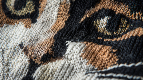 Closeup of a colorful handknitted sweater with a tiger pattern