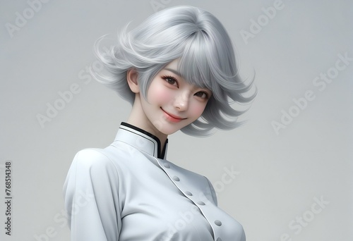 Japanese woman with silver hair and white shirt