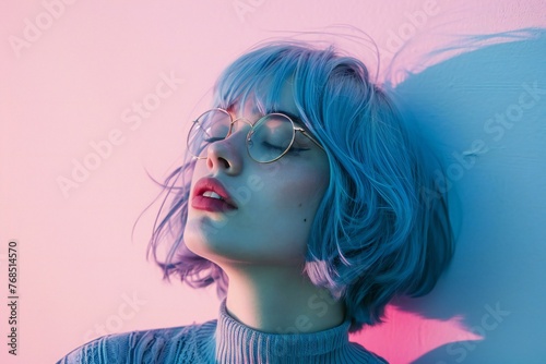 Portrait of a beautiful girl with blue hair and glasses on a pink background
