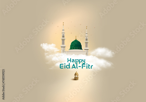 Eid mubarak islamic greeting card with clouds, lantern and mosque , poster, banner design, vector illustration