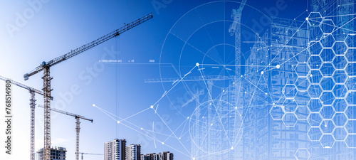 Construction technology banner background. Construction site with cranes, fittings and concrete.