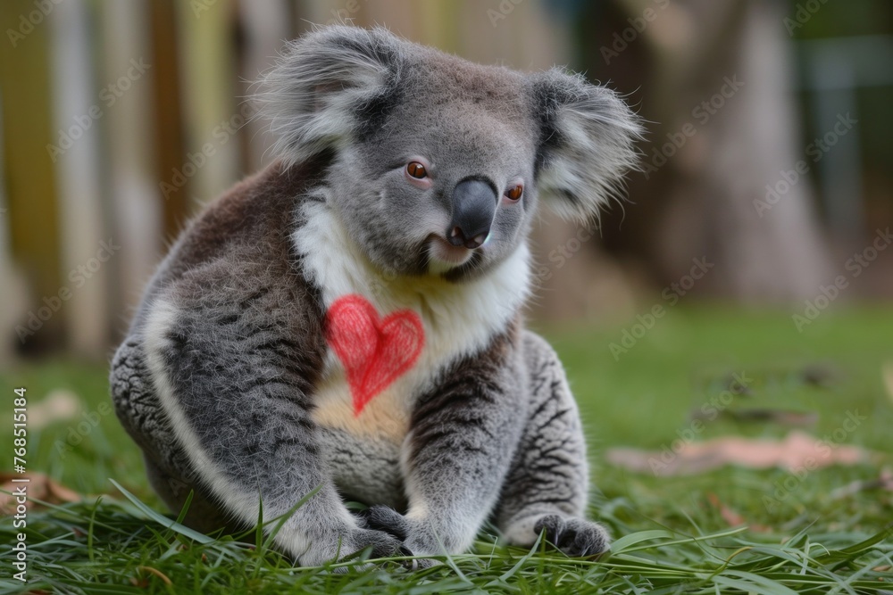 koala with a red heart drawn on its fur, sitting on grass koala with a red heart drawn on its fur, sitting on grass