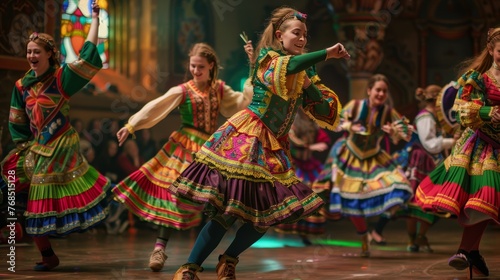A photo of a traditional Irish dance performance with colorful costumes and energetic steps © kamonrat