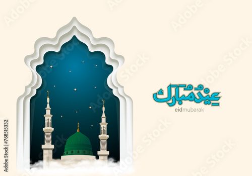 Eid mubarak islamic greeting card with clouds, lantern and mosque , poster, banner design, vector illustration