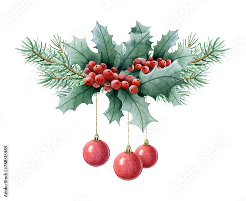 Christmas tree branches, holly red berries and hanging balls ornament watercolor illustration isolated on white. Winter holiday season symbol for greeting banner, card or New year party invitation