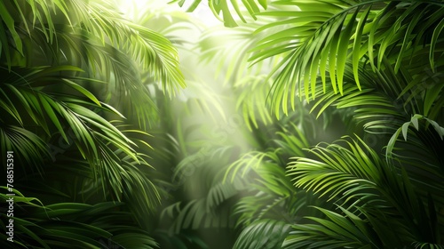 Background of lush green palm leaves with a subtle light shining through  symbolizing faith and new beginnings