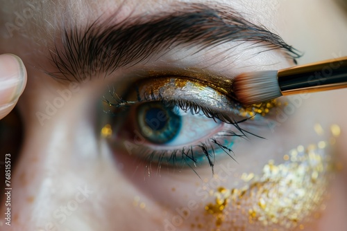 closeup of eye with artistic makeup, holding brush near face