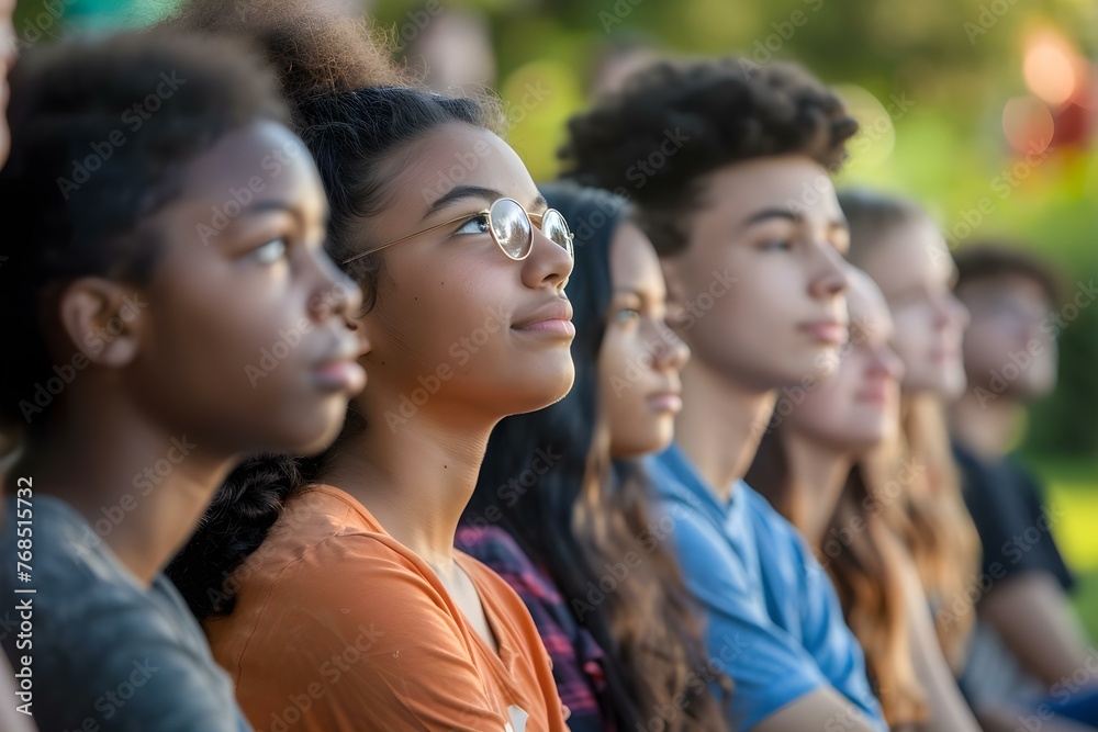 A diverse group of young people sitting outdoors listening attentively to a speaker at an educational event. Concept Outdoor Events, Outdoor Education, Diversity, Listening Skills, Young Adults A diverse group of young people sitting outdoors listening attentively to a speaker at an educational event. Concept Outdoor Events, Outdoor Education, Diversity, Listening Skills, Young Adults