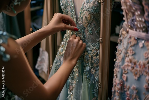 individual checking fit of a dress with a mirror © altitudevisual