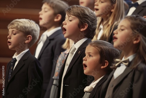 children in suits and dresses singing at a formal event photo