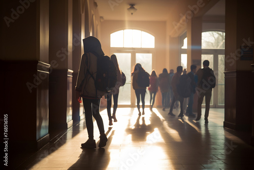 Group of High School Students with Backpacks Walking Through Hallway Bathed in Warm Sunset Light, Back-to-School Concept, New Beginnings in Education