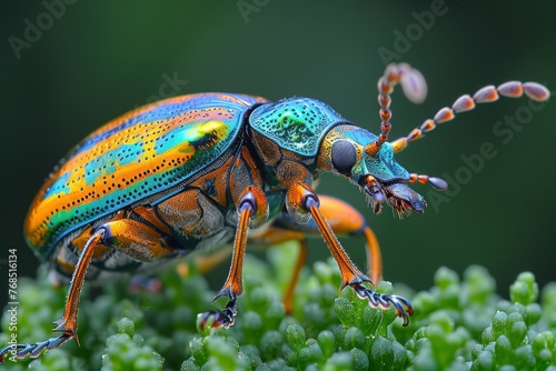 Beautiful Jewel Scarab Beetle Perched on Lush Green Leaf Under the Radiant Sunlight