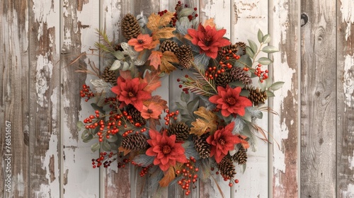 Elegant autumn wreath with flowers and berries, adorning a distressed wooden door. photo