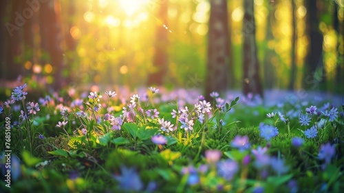 Vibrant spring flowers bloom on a sun-drenched forest floor, heralding the new season. © tashechka