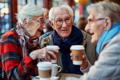 elderly group having an animated conversation, lattes in hand photo