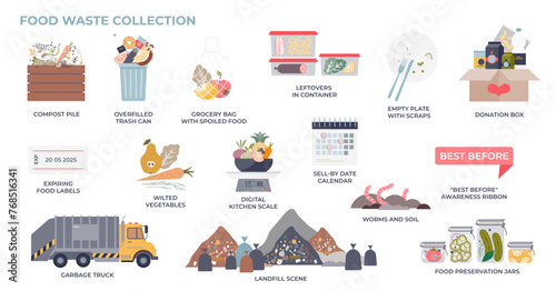 Food waste and sustainable garbage or trash management tiny collection set, transparent background. Labeled elements with landfill scene, compost pile.