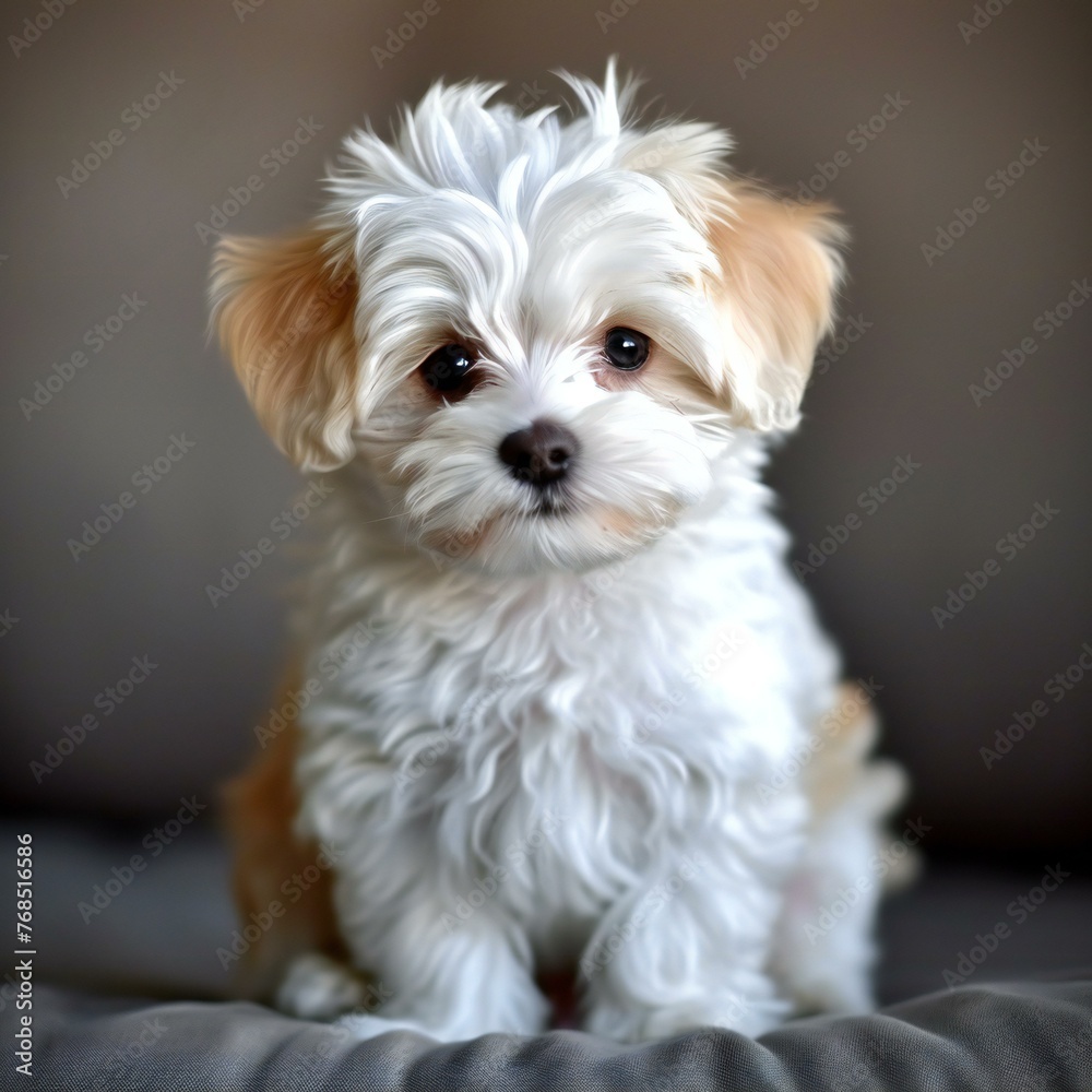 Cute Maltese puppy sitting on the bed,  Close up