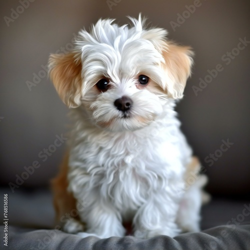 Cute Maltese puppy sitting on the bed, Close up