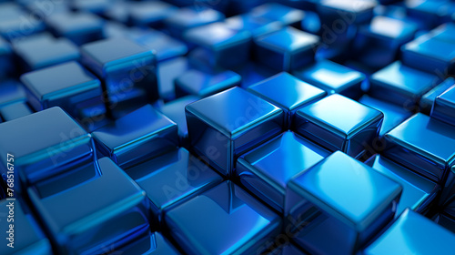 Blue, Glossy Cubes Precisely Constructed to create a Innovative Tech Background. 3D Render., Generative Ai