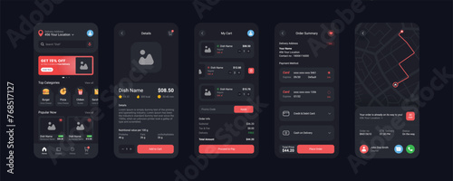 Food app mobile screens template is fully editable and vector (Dark Mode)