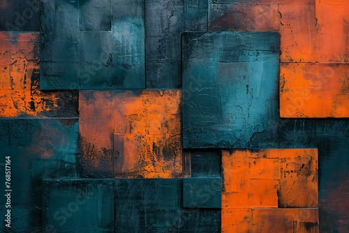 Abstract background of blue, orange and black textured wall with stripes