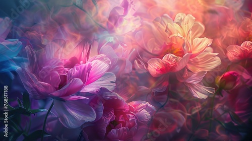 Ethereal blooms of color spreading across the canvas like delicate flowers in a garden, their petals unfurling in a dance of light and shadow in