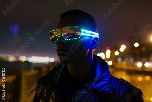 individual with eyewear featuring flashing led lights at night photo