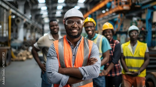 Group of industrial workers standing confident at industrial factory wearing safety vest and hardhat smiling on camera photo
