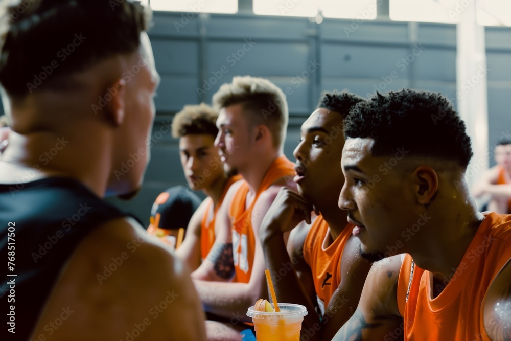 basketball players reviewing strategy on sideline with sport drinks - obrazy, fototapety, plakaty 