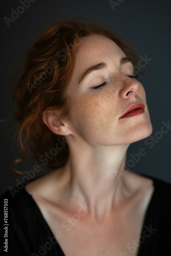 Portrait of a beautiful young redhead woman with freckles
