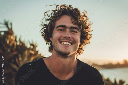 Portrait of handsome young man with curly hair smiling at camera outdoors